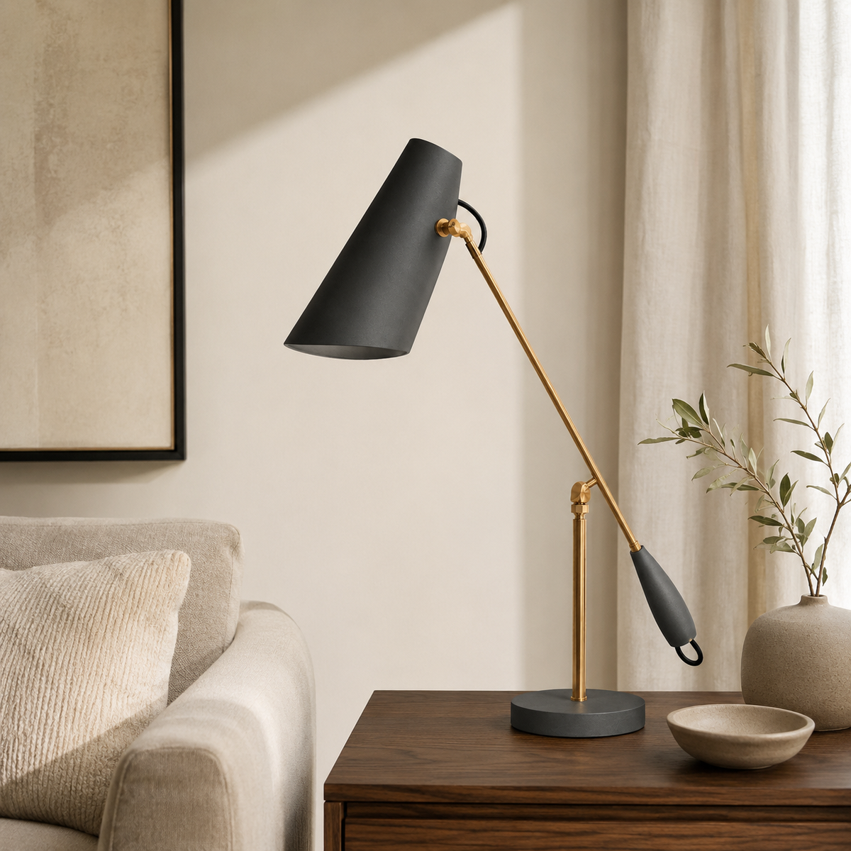 Freya Task Table Lamp on a side table beside a seat