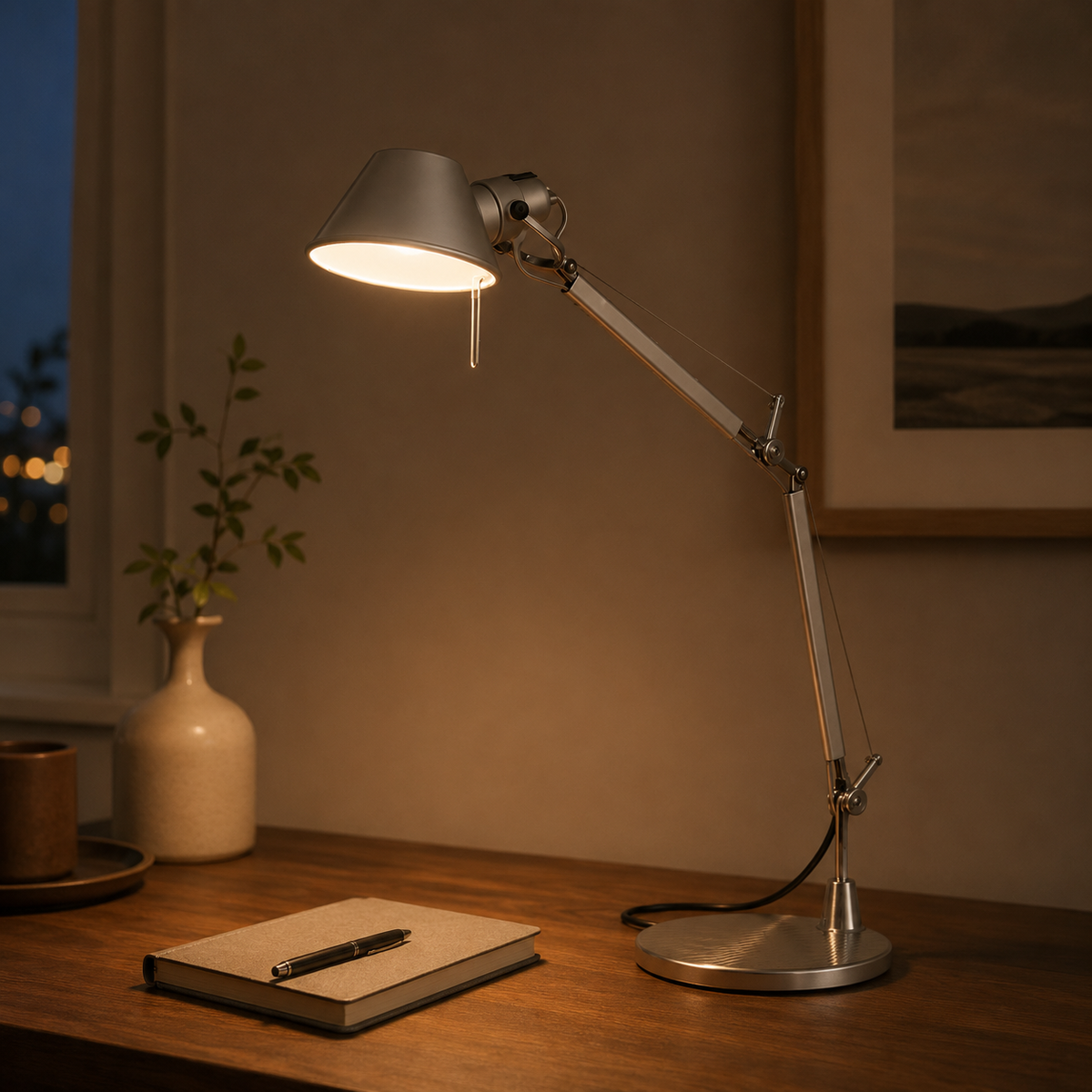 Anais Task Table Lamp glowing in an evening interior