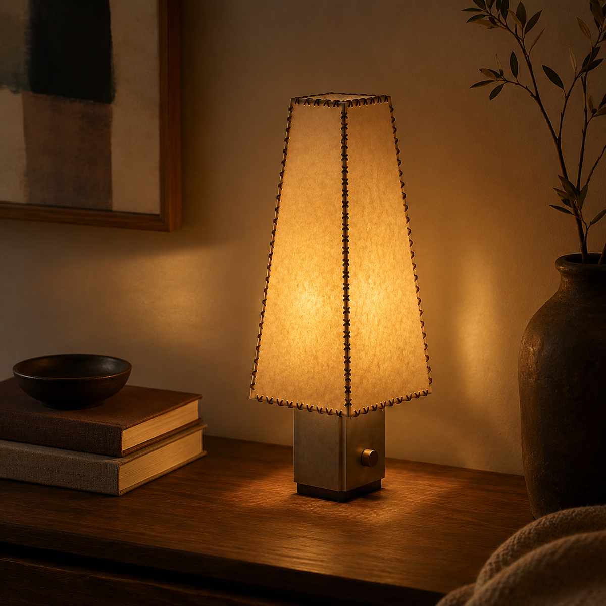 Nyla Sculptural Table Lamp glowing in an evening interior