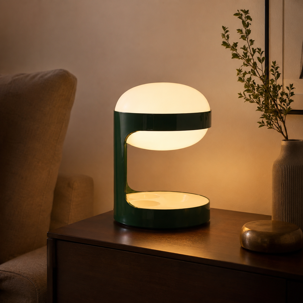 Suri Sculptural Table Lamp glowing in an evening interior