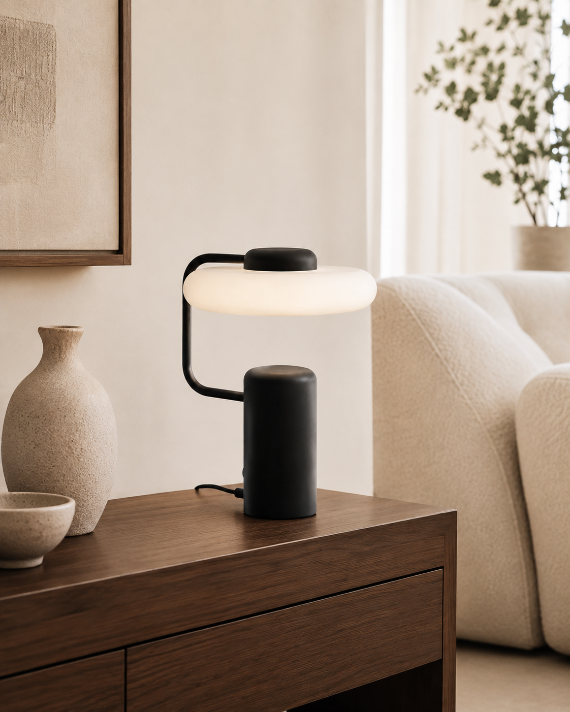 Lisette Sculptural Table Lamp on a side table beside a seat