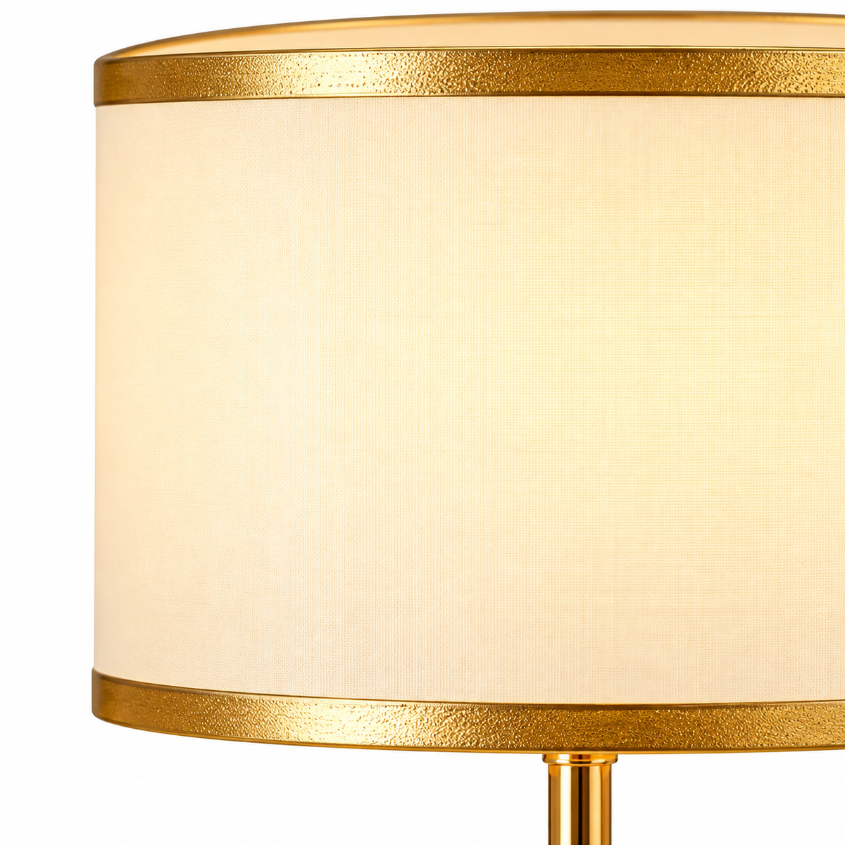Vela Brass & Glass Table Lamp cream drum shade with gold-colored trim