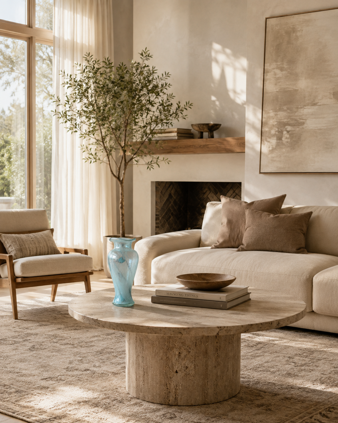 Nela Aqua Vase on a coffee table in a living room