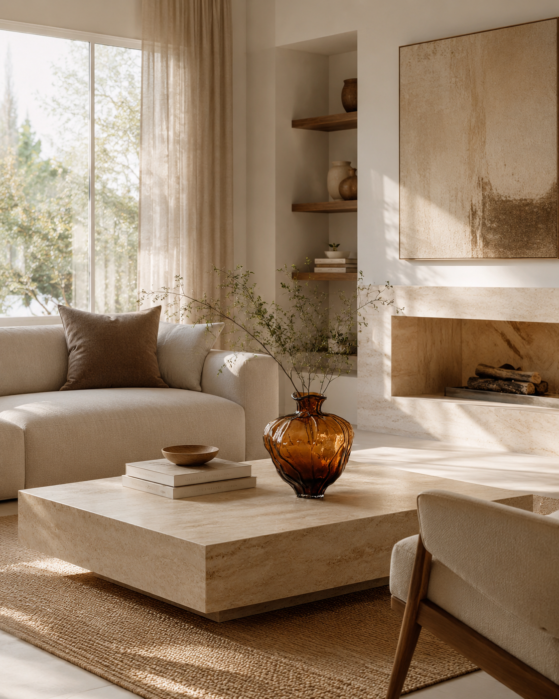 Mina Amber Vase on a coffee table in a living room