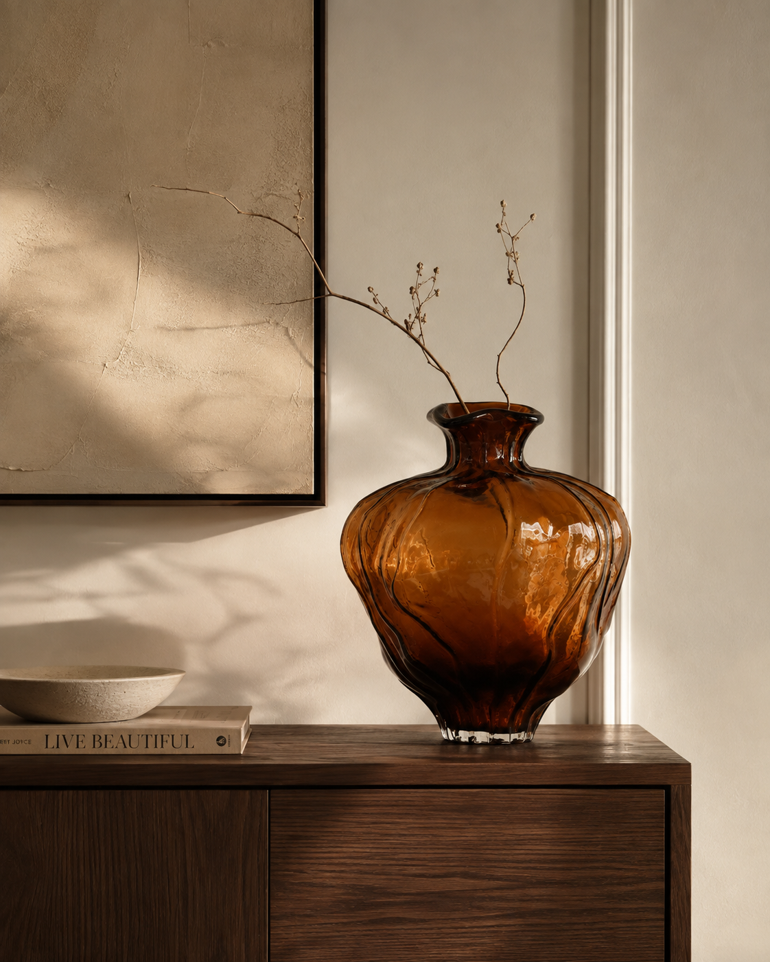 Mina Amber Vase on a console