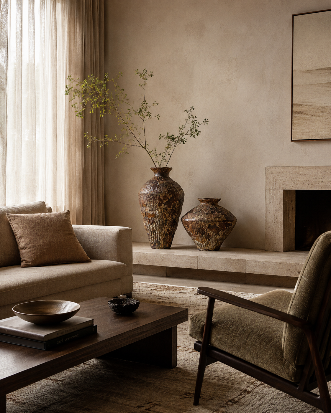 Evia Ember Vase on a coffee table in a living room