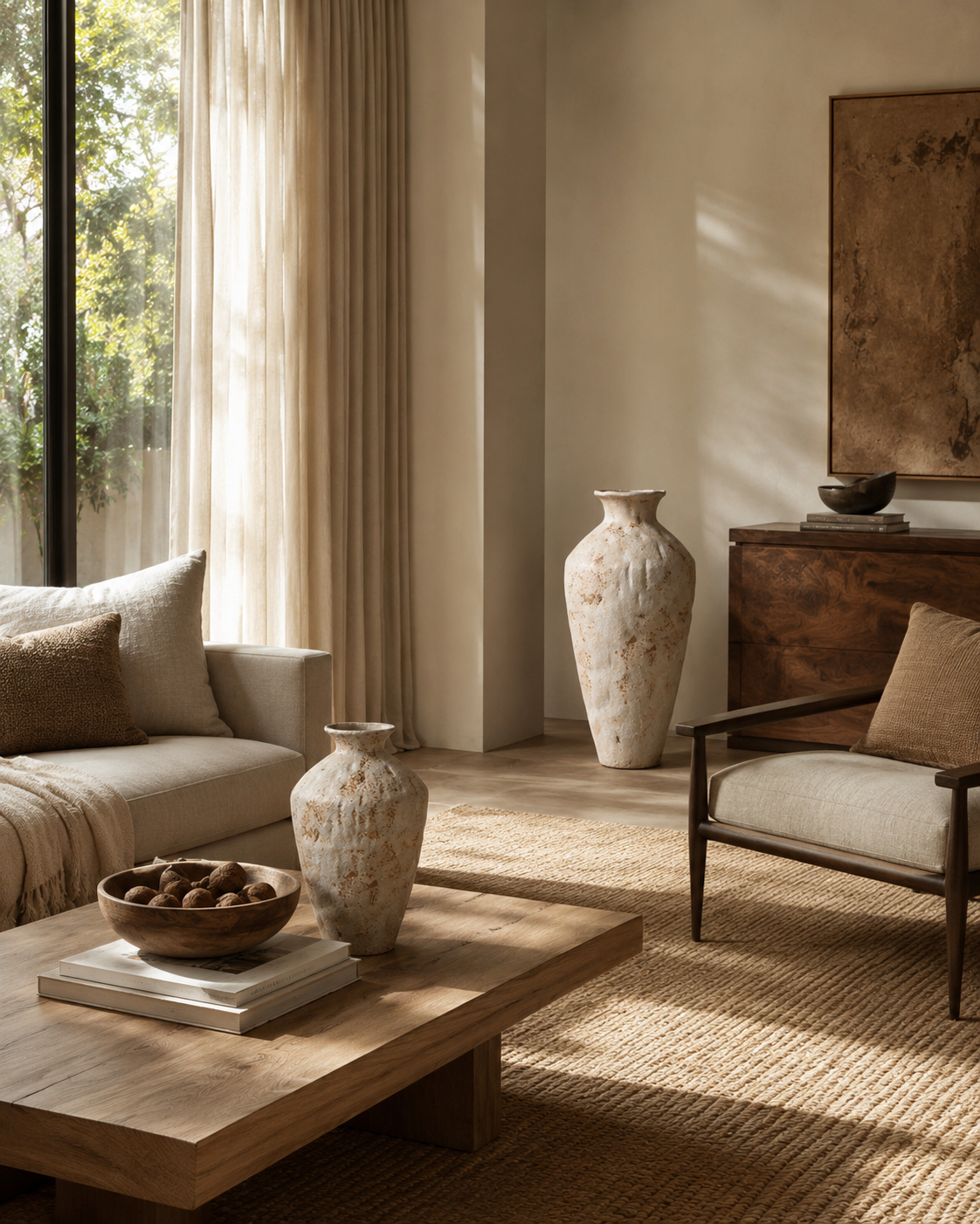 Olia Ochre Vase on a coffee table in a living room
