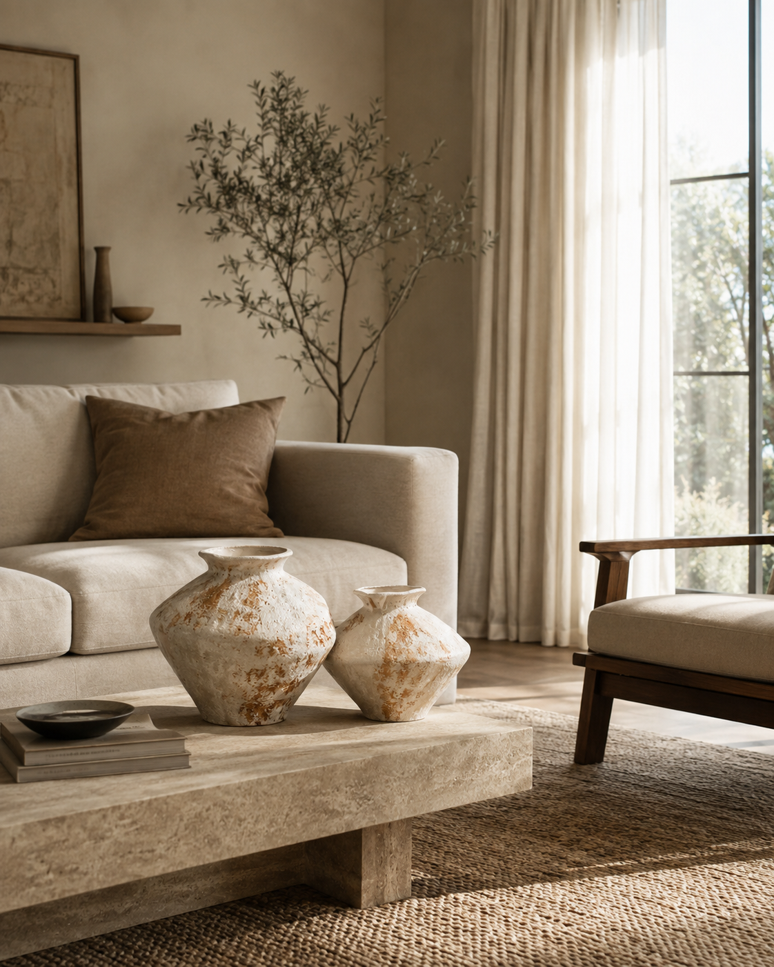 Mina Weathered Vase on a coffee table in a living room