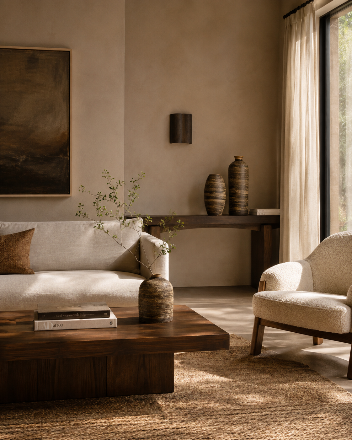 Luna Strata Vase on a coffee table in a living room