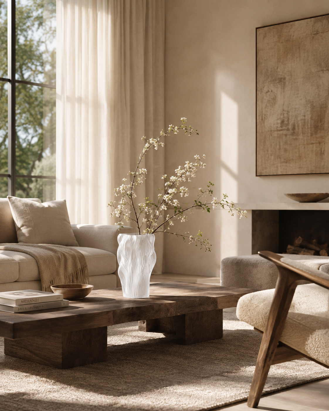 Olia Wave Vase on a coffee table in a living room