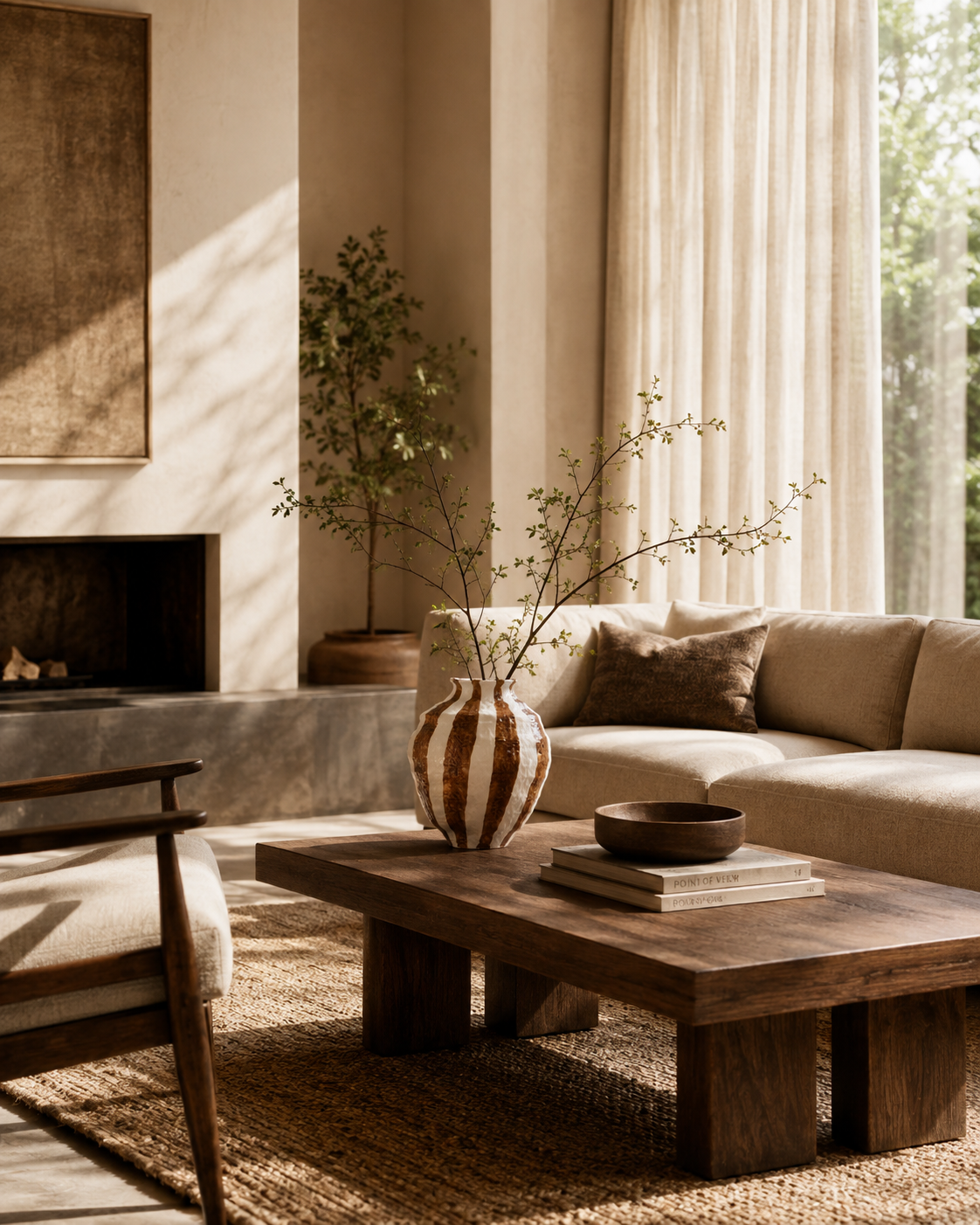 Evia Stripe Vase on a coffee table in a living room