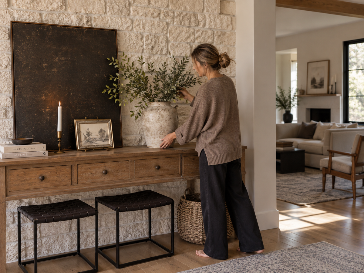 Layered interior with sculptural objects