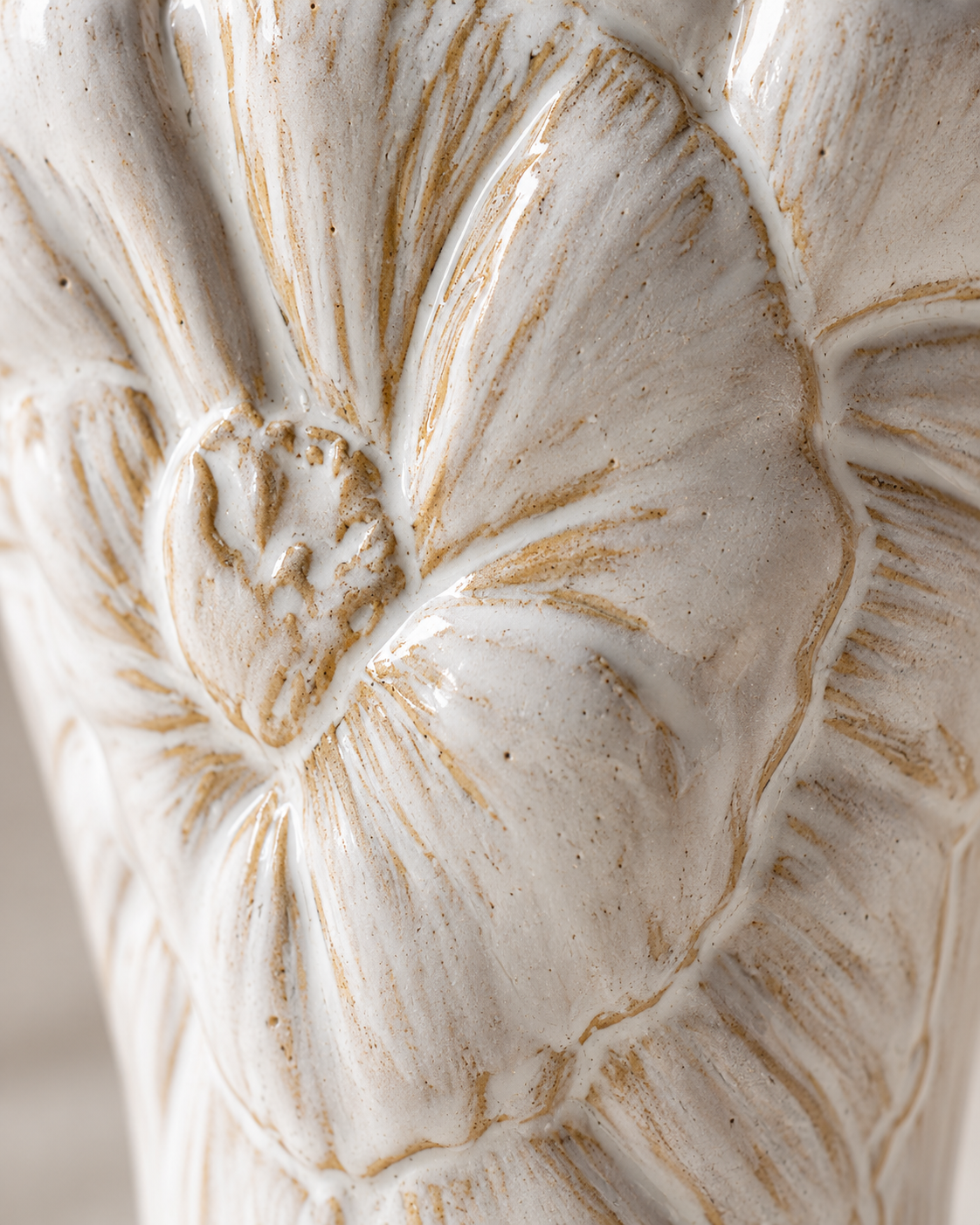 Rina Bloom Vase close-up showing raised floral relief