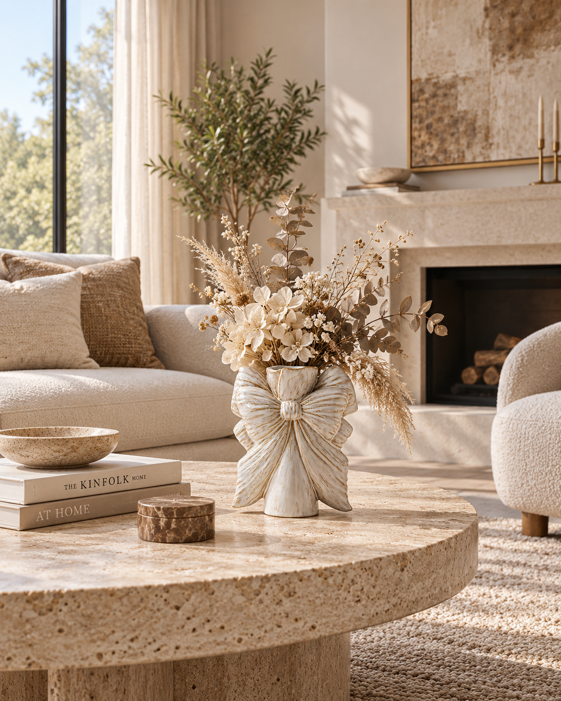 Iris Bow Vase on a coffee table in a living room