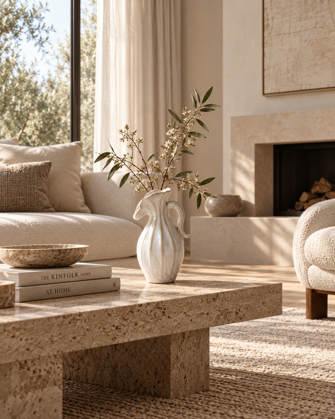 Dara Curl Vase on a coffee table in a living room