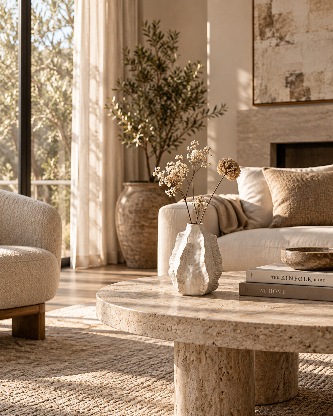 Romy Ridge Vase on a coffee table in a living room