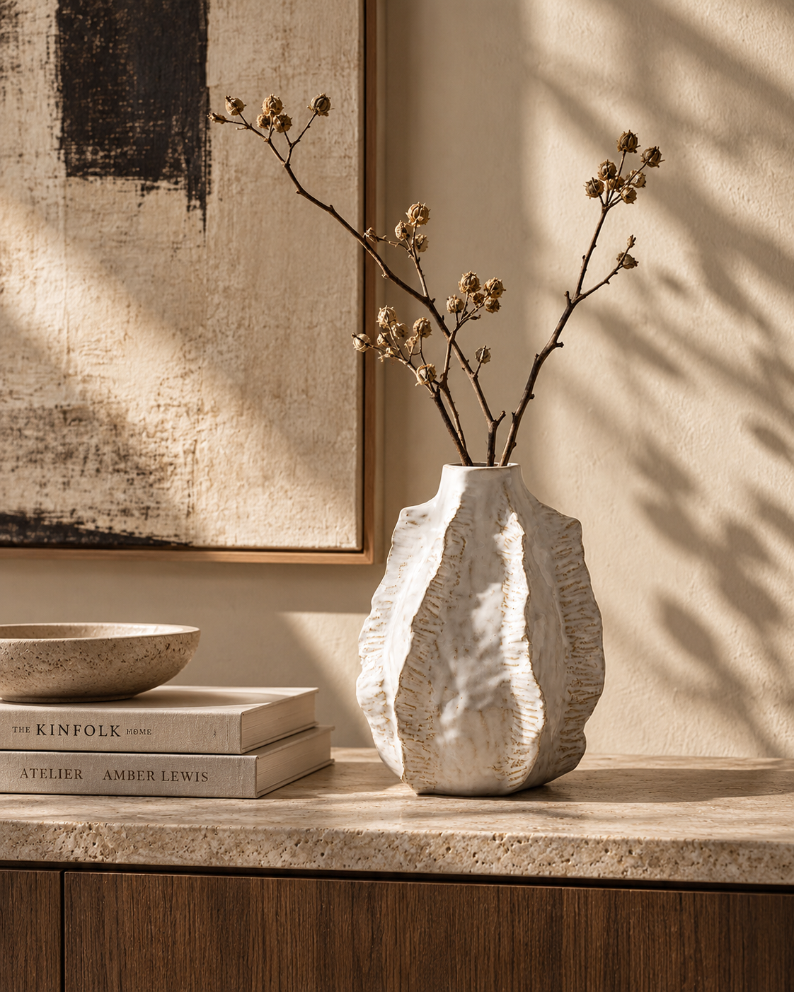 Romy Ridge Vase on a console