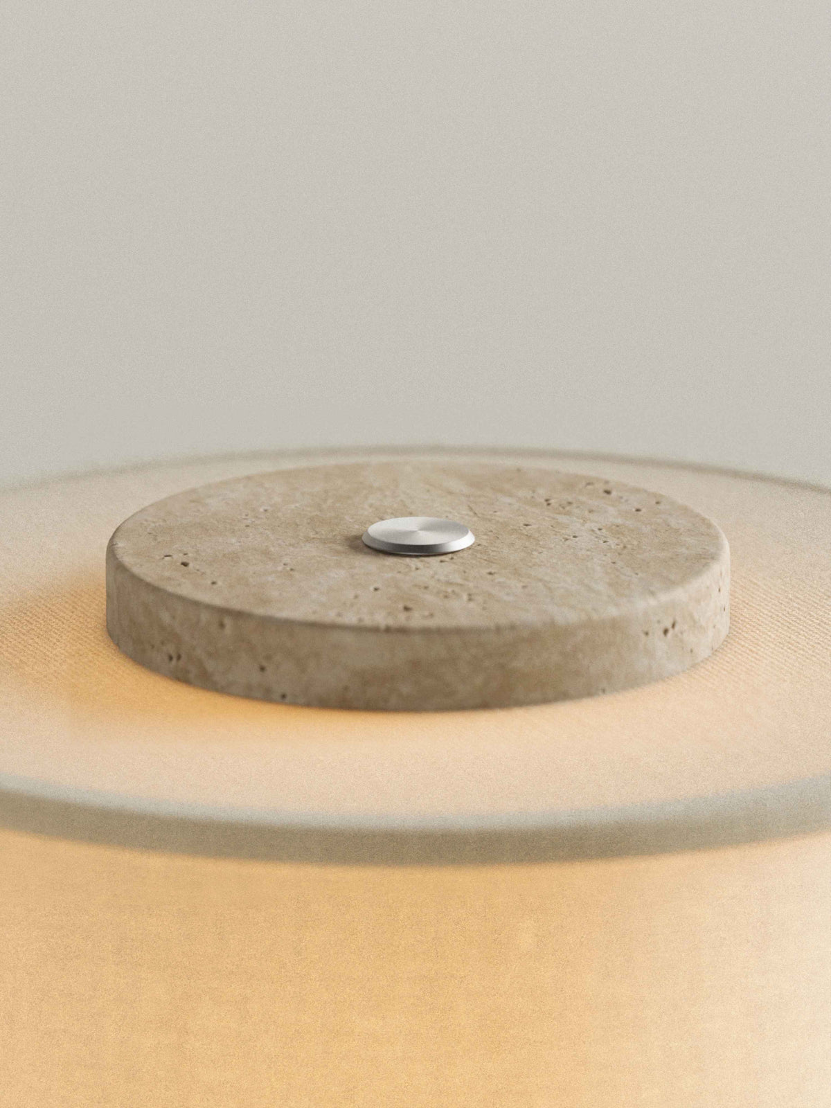 Oriel Travertine Portable Lamp shade top and circular cap detail